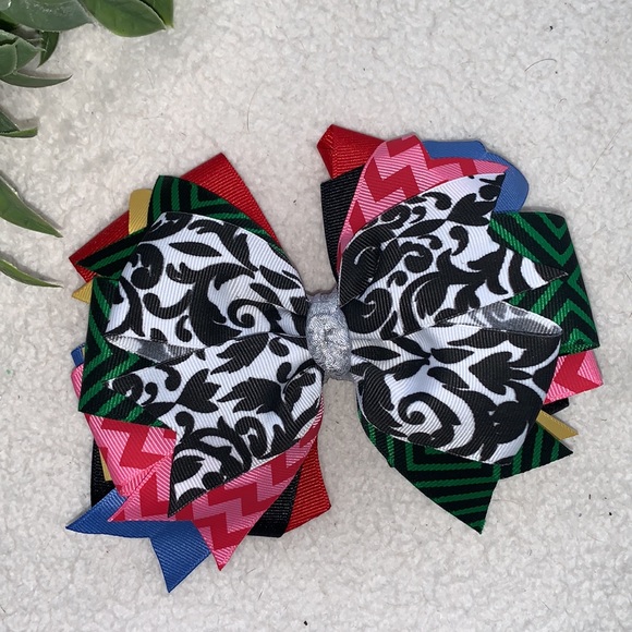Big Multi Color Hairbow Bow OTT Custom Made Black White Pink Green EUC - Picture 1 of 12